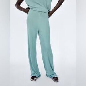NEW WITH TAGS Zara Ribbed Knit Wide Leg Lounge Pants Aqua Small